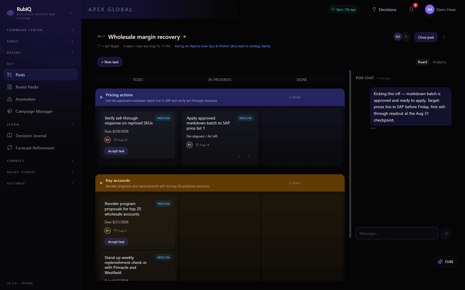 RubIQ ACT · pod board with tasks and workstreams