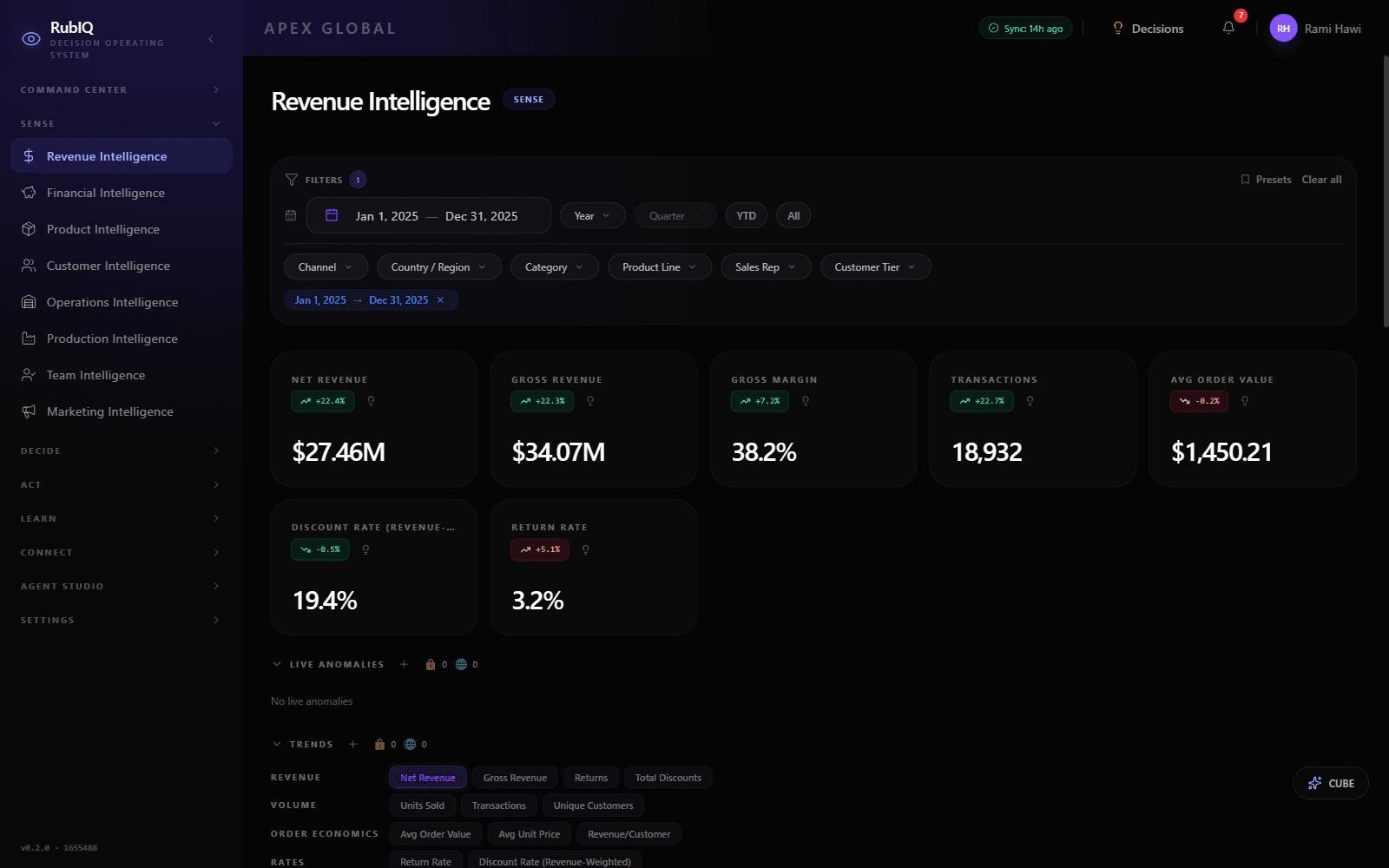 RubIQ Revenue Intelligence · live KPIs from the nightly ERP sync
