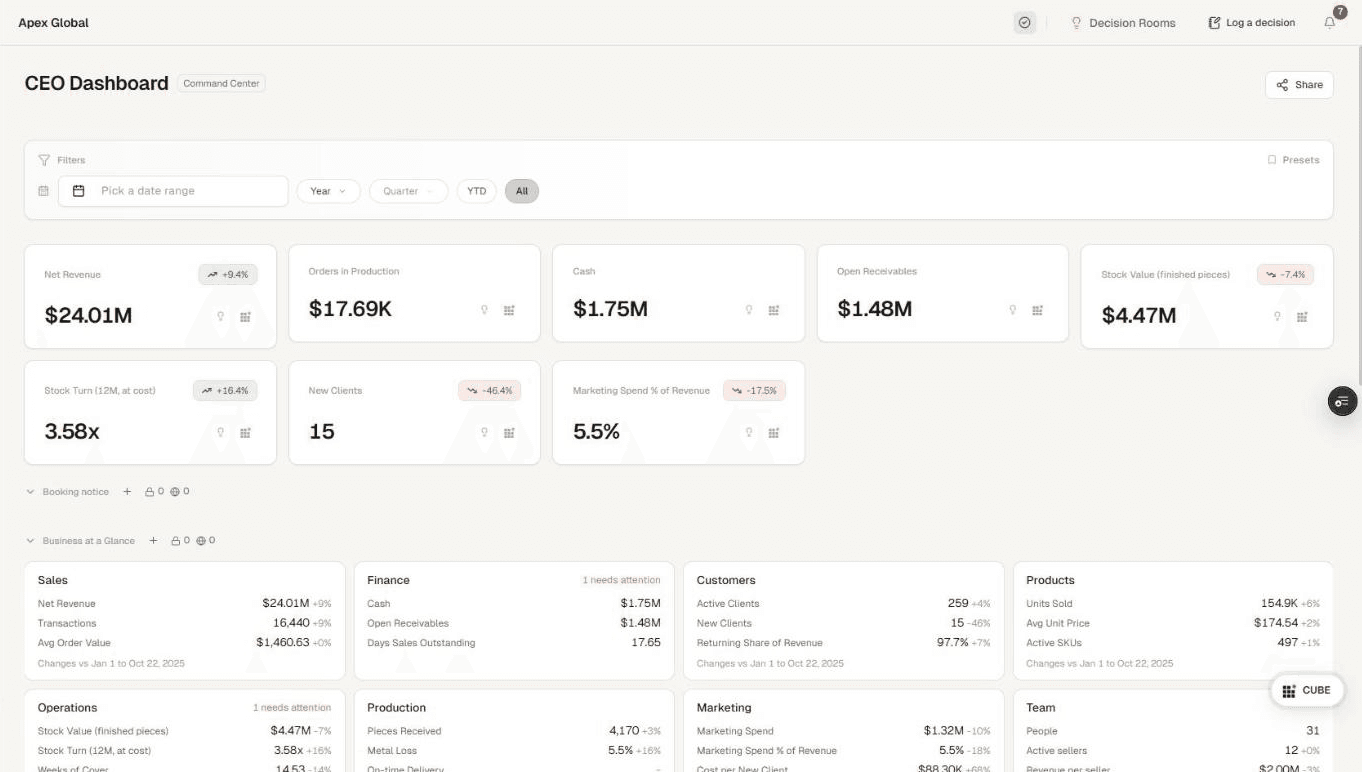 RubIQ CEO Dashboard with net revenue, cash, receivables and stock KPIs (demo data)