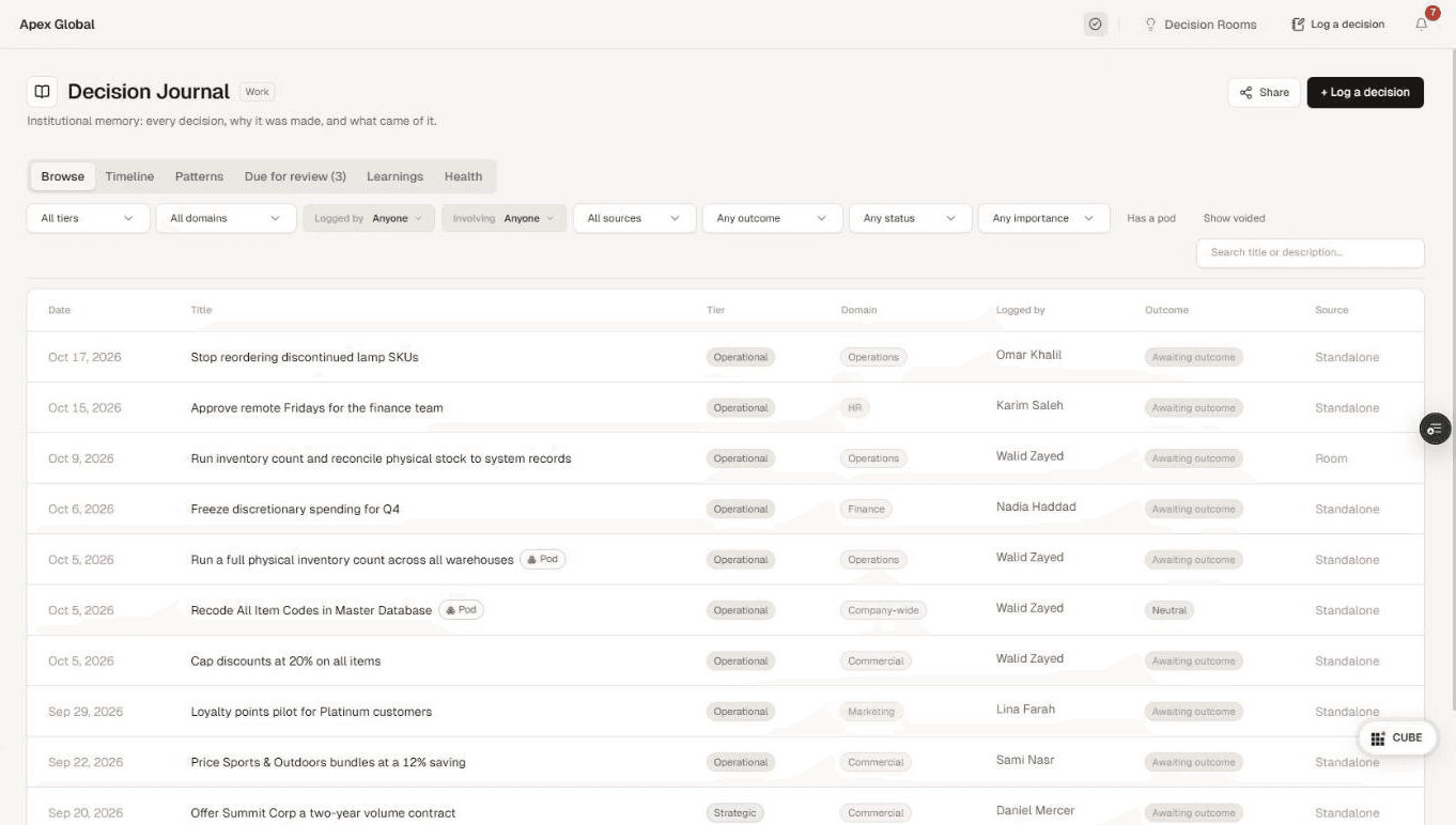 RubIQ Decision Journal listing decisions, owners and outcomes (demo data)