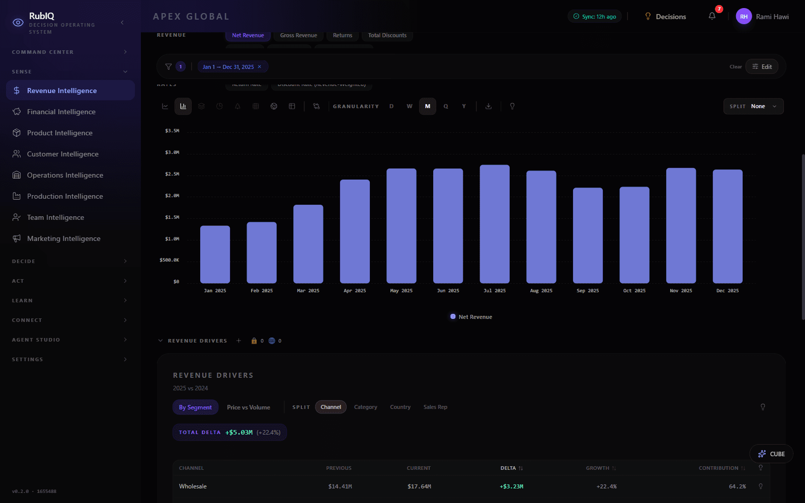 RubIQ SENSE · live revenue and financial dashboards
